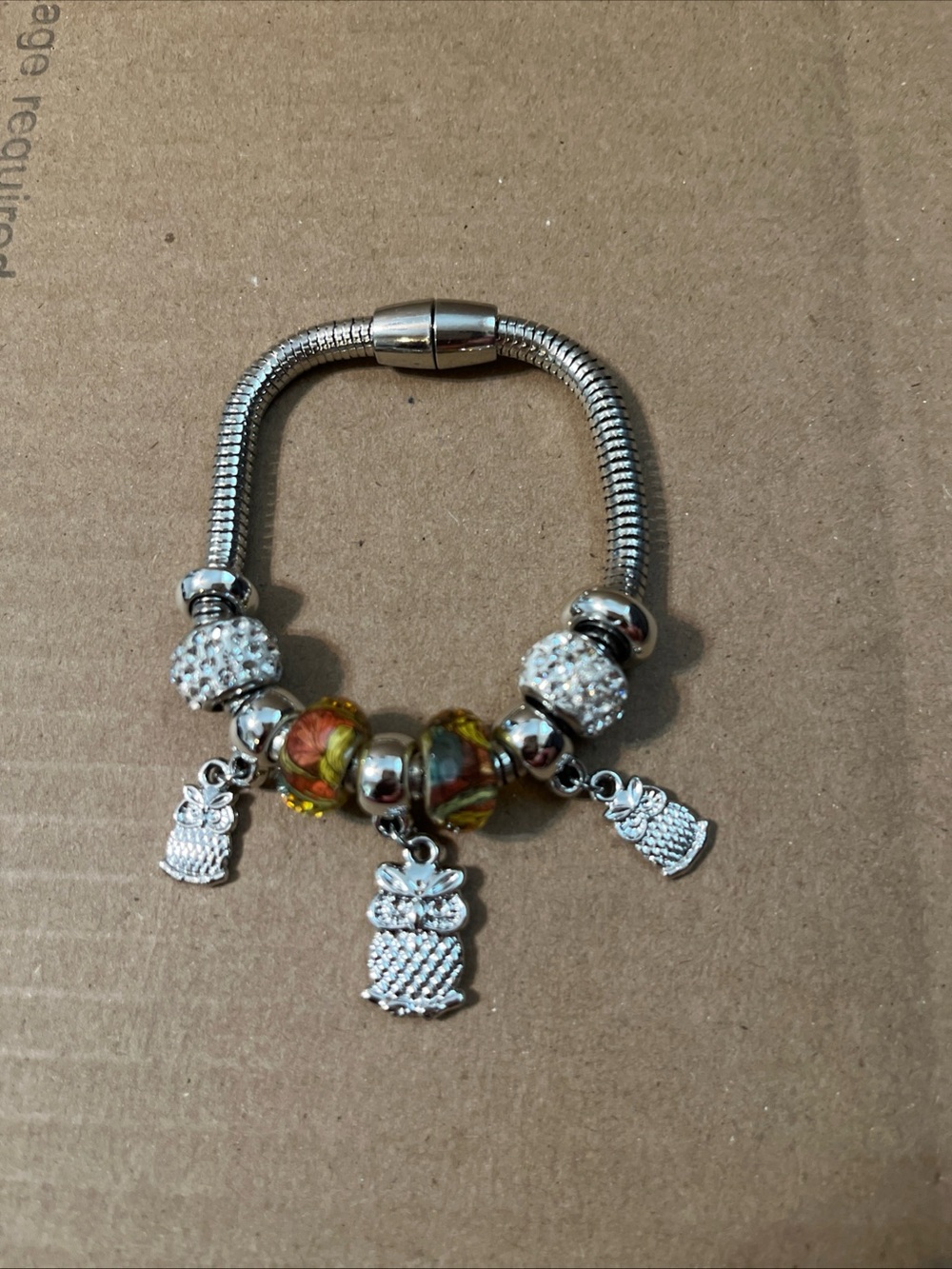 Silver tone Owl Charm Bracelet with Amber and rhinestone Beads